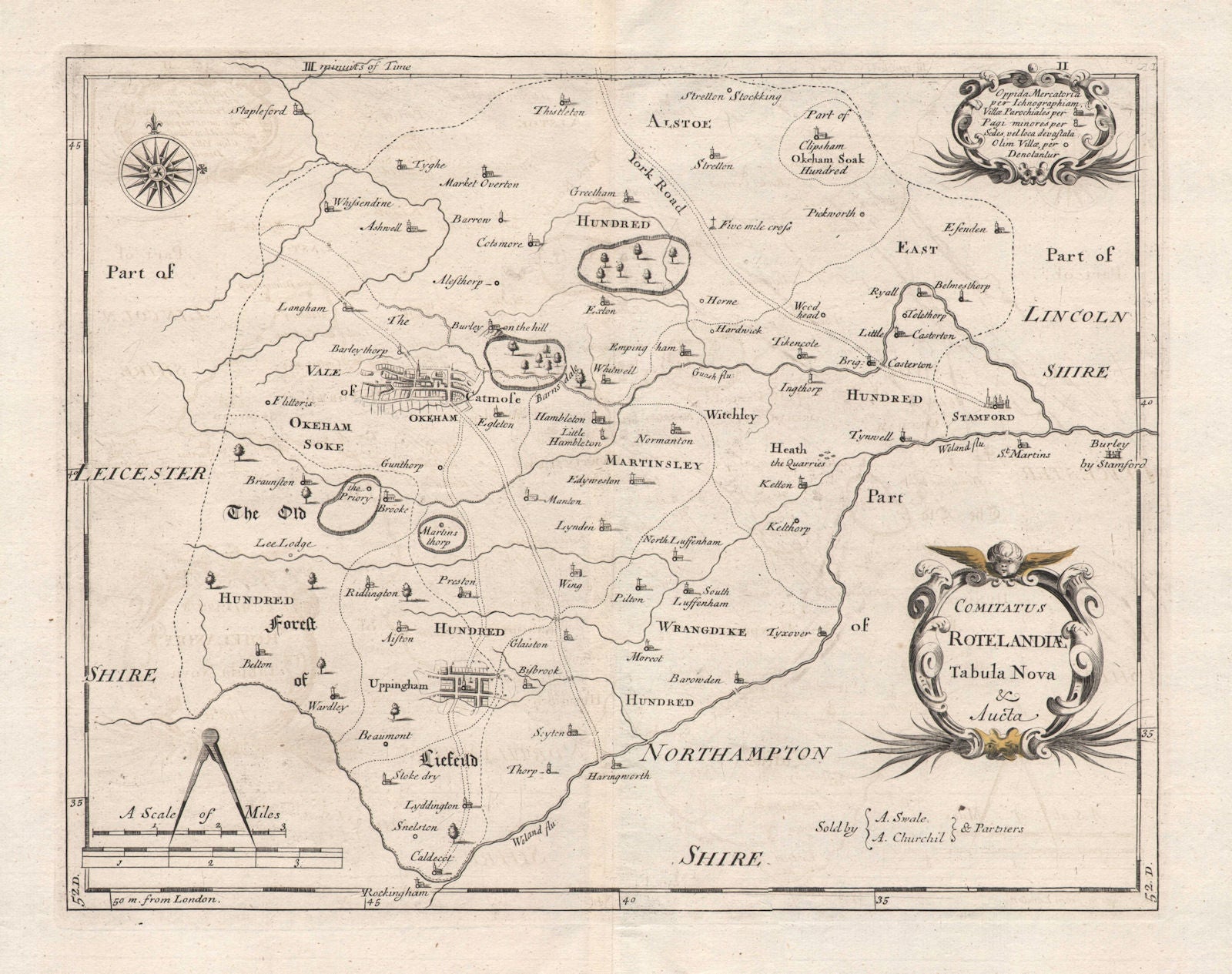 Rutland. 'COMITATUS ROTELANDIAE' by ROBERT MORDEN. Uppingham & Oakham 1753 map
